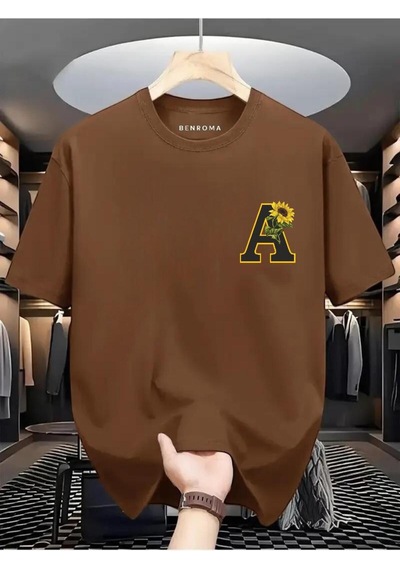 Çiçekli A Baskılı Oversize Tişört Kahverengi