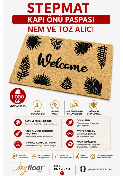 Stepmat Nem Ve Toz Alıcı Velür Coco Kapı Önü Paspası Welcome Kahverengi