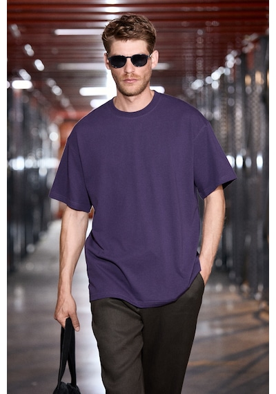 Grımelange Jett Erkek Oversize Fit %100 Organik Pamuk Kalın Dokulu Bisiklet Yakalı Koyu Mor T-shirt