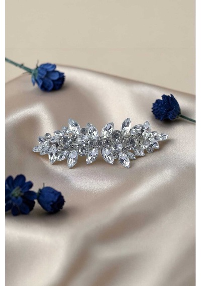 Gypsophile Saç Aksesuarı Işıltılı Kristal Taşlı, Markiz Kesim Şık Kadın Saç Tokası Gümüş