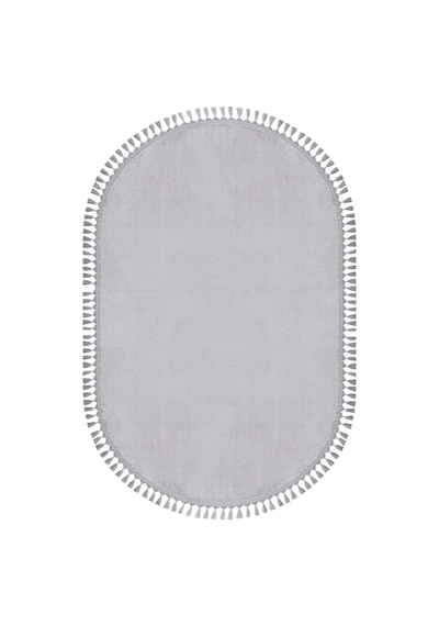 Comfort Oval Overloklu Peluş Halı Gri Gri Ponpon Saçaklı Oval