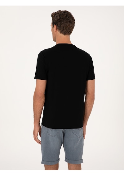 Siyah Regular Fit Baskılı Bisiklet Yaka T-shirt