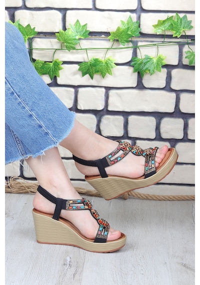 Vojo Heel Taş Detaylı 8 Cm Dolgu Topuklu Kadın Sandalet 267800001859 01 Siyah Siyah