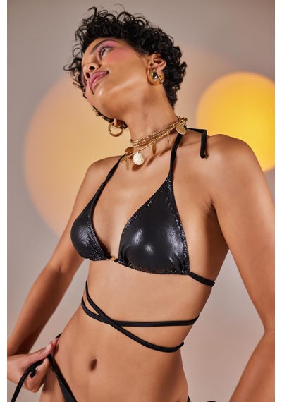 Holly Lolly Özel Yapım Parlak Kumaşlı H Aksesuarlı Üçgen Ivory Bikini Üstü Siyah