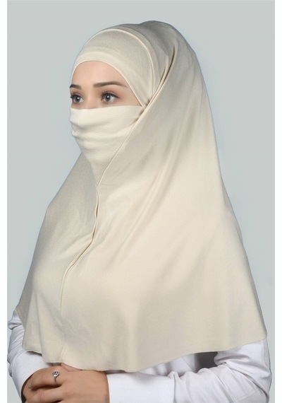 Altobeh Hazır Türban Peçeli Pratik Eşarp Tesettür Nikaplı Hijab - Namaz Örtüsü Sufle (XL) - Krem