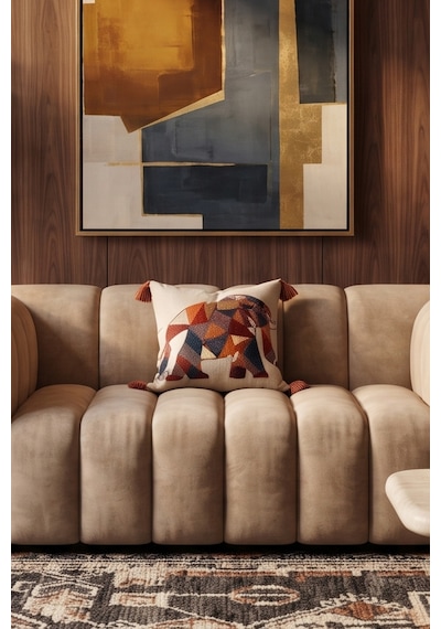 Bohem Renkli Fil Punch Nakışlı Pamuklu Dekoratif Püsküllü Gizli Fermuarlı Kırlent Kılıfı 42x42 Cm Bej