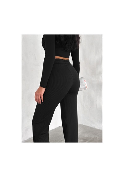 Dechival Kadın Bol Paça Fitilli Pantolon Yazlık Wide Leg Eşofman Altı Siyah