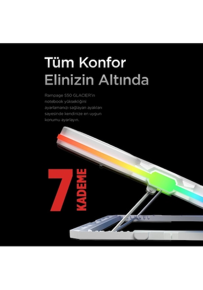Rampage S50 Glacier Beyaz Rgb Işıklı 11 Fanlı Lcd Göstergeli 1 Type C 1 Usb Girişli Yükselebilen Notebook Soğutucu