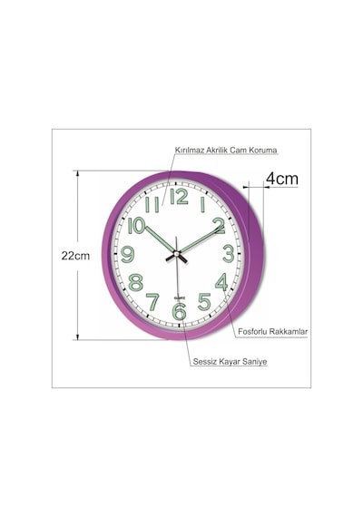 Gece Okunabilen Ultra Mor Kasa 22 Cm Sessiz Fosforlu Duvar Saati Çok Renkli