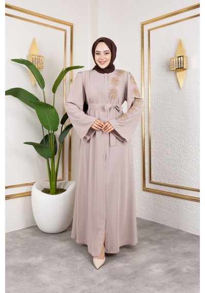 Nevayla Moda Sol Tarafı İnci Detaylı Ferace - Bej / F0140 Bej