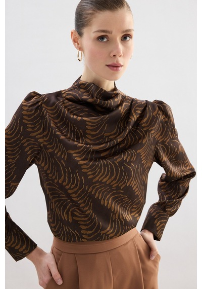 Sateen Drape Detaylı Desenli Bluz - Kahve-136744 kahve
