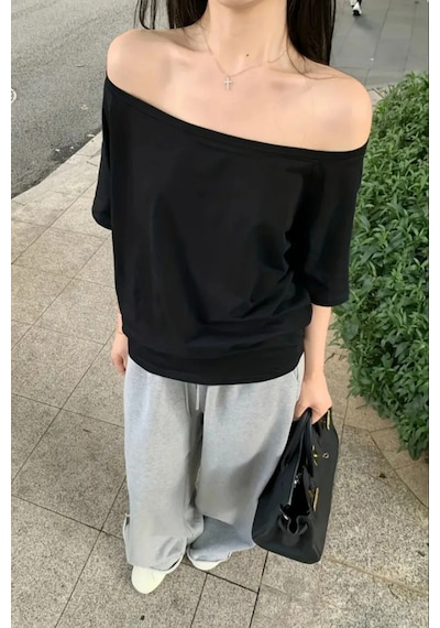 Lacivert Beyaz Siyah 3lü Paket Kadın Düşük Omuz Kayık Yaka Oversize T-shirt Siyah