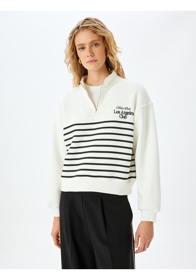 Koton Pamuk Karışımlı Dik Yaka Çizgili Yarım Fermuarlı Sweatshirt Ekru 5wak10523ek Ekru