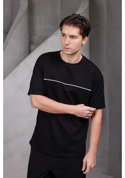 Erkek Garnili Şeritli Oversize Bisiklet Yaka 2 İki İplik Kompakt T-shirt Siyah