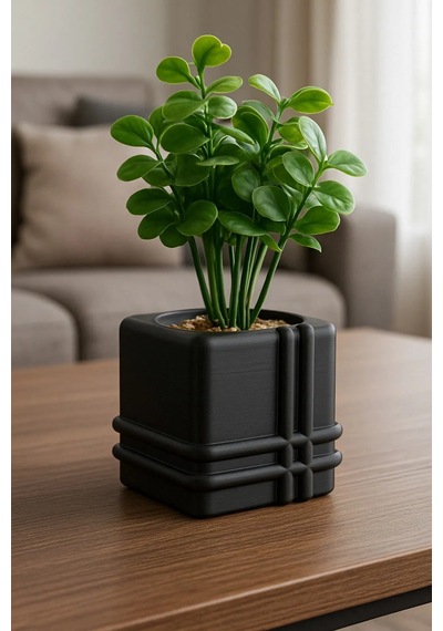 3d Baskı Square Planter - Izgara Desenli Küp Saksı-siyah