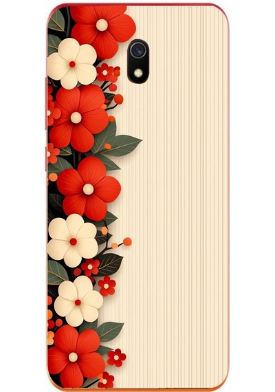 Redmi 8a Uyumlu Kırmızı Beyaz Çiçekler Baskılı Silikon Kılıf Renkli
