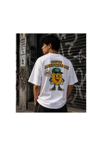 Qmen Style Unisex Beyaz Oversize Baskılı T-shirt Limon %100 Pamuk