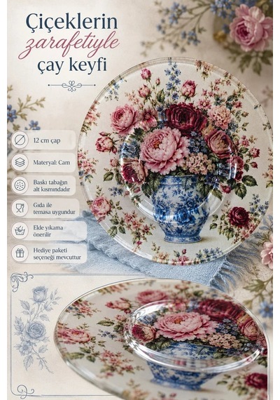 6 Lı Cam Çay Tabağı Mavi Vazo Ve Pembe Gül Desenli 12 Cm 6 Adet Çay Tabak