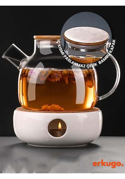 Vakumlu Bambu - Metal Kapaklı Isıya Dayanıklı Borosilikat Cam Demlik, Süzgeçli 1000 Ml Teapot Cam