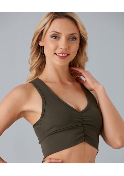 Aurafit Kadın Önü Büzgülü Arkası Çapraz Kaplı Croptop/büstiyer Haki Yeşil