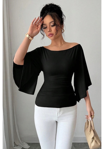 Kadın Beyaz Kayık Yaka Flare Kol Drapeli Fit Bluz Siyah