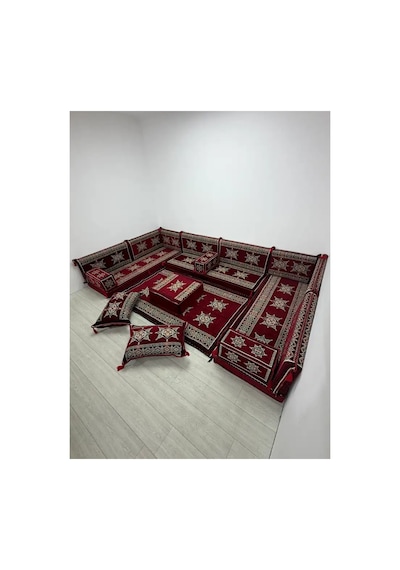 Yıldız Modeli Bordo Otantik Şark Köşesi Takımı U Set - Yer Minderi Seti 10 Cm Minder Kalınlığı 18 Parça