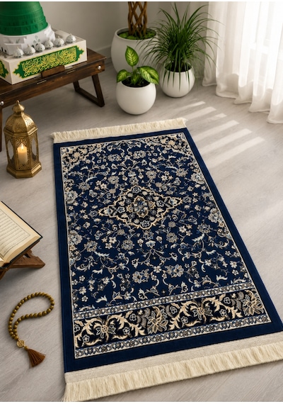 Lacivert Klasik Desenli Dijital Baskı Seccade Geleneksel Motifli Namaz Seccadesi