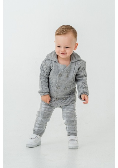 Babyhola Erkek Bebek Triko Hırka Pantolon Kışlık Takım 23110 Gri