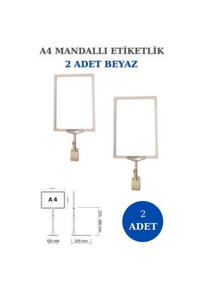 2 Adet Beyaz A4 Mandallı Raf Sepet Etiketi Çerçeveli Etiketlik Beyaz