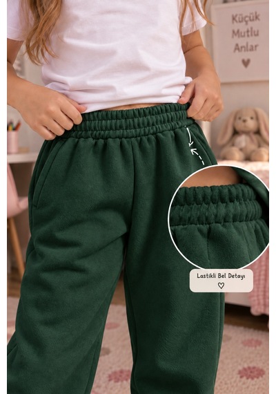 We&me Kız Çocuk Eşofman Altı 3 İplik Şardonlu Lastikli Bel Ve Paça Cepli Günlük Jogger Yeşil