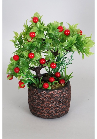 Yapay Çiçek Deposu Vintage Kabartmalı Saksıda Yapay Kiraz Ağacı 34 Cm