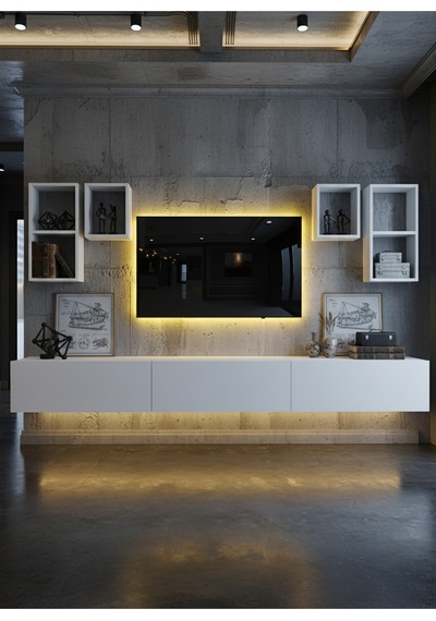 Resital Duvara Monte Ledli 270 Cm Tv Ünitesi Duvar Raflı - Ll6029 Beyaz