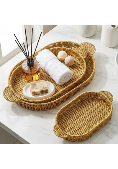 İç İçe Geçebilen 3 Lü Oval Plastik Rattan Tepsi Seti Hasır Görünümlü Çok Amaçlı Servis Ve Sunum Tepsileri Sarı