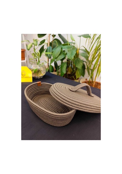Hasır Jüt Sepet Oval Kapaklı Organizer Düzenleyici 30x20x10 Cm Haki Yeşil Haki Yeşil