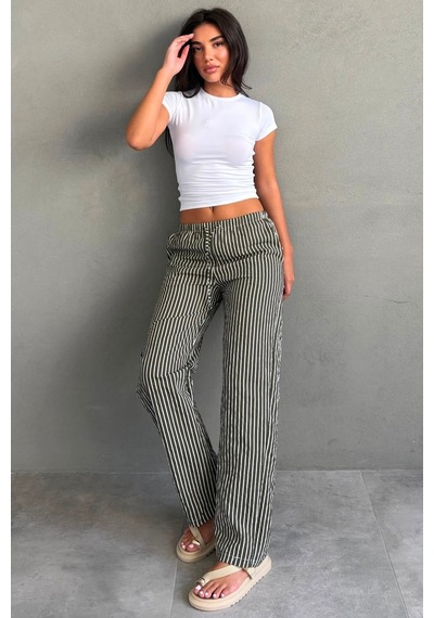 Madmext Haki Beli Ayarlanabilir Çizgili Cepli Bol Paça Kadın Pantolon Mg2312
