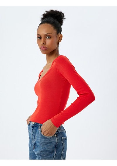 Koton Pamuklu Uzun Kollu U Yaka Slim Fit Fitilli Tişört Kırmızı 5sak50232ek Kırmızı