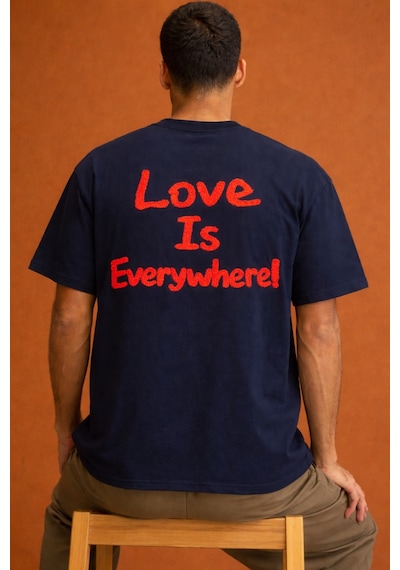 Tarz Cool Erkek Oversize Tişört "love Is Everywhere" Baskılı Basic Pamuklu T-shirt Lacivert