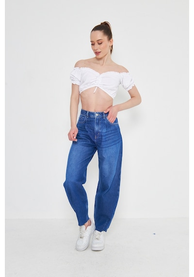 Kutaf Mavi Bol Kesim Yüksek Bel Balloon Fit Baggy Jean Kot Salaş Kadın Pantolon Mavi