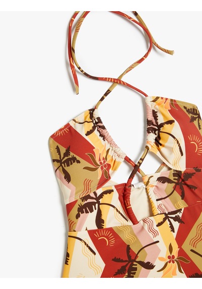 Koton Çiçekli Halter Yaka Mayokini Astarlı Çıkarılabilir Pedli Kahverengi Desenli 4sak20130mm Kahverengi