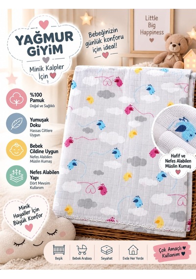 Berço Desenli Müslin %100 Pamuk Bebek Battaniyesi 80 90 Ölçülerinde 0-12 Ay 875/1 Gri