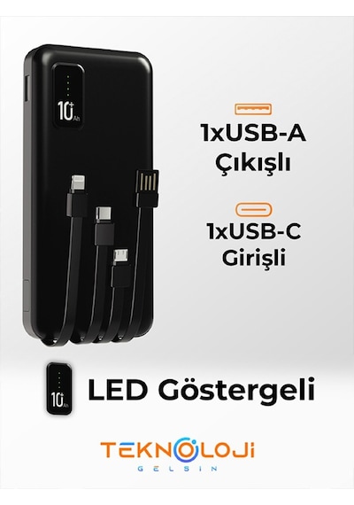 10.000 Mah Powerbank Elfenerli Dijital Led Gösterge Kendinden Kablolu Taşınabilir Şarj Aleti 4 Çıkış Siyah