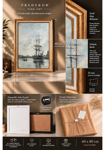 Gold Vintage Gemi Tablosu 60x80 Cm Çerçeveli Dekoratif Duvar Tablosu Klasik Deniz Manzarası Fine Art Salon Ofis Dekorasyonu