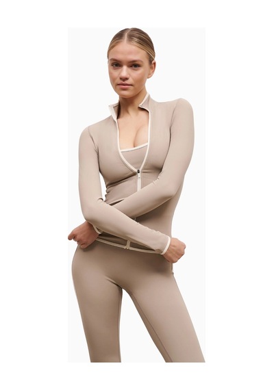 Because Of Alice Base Contrast Trim Zip Up Jacket Şekillendirici Kontrast Detaylı Kadın Ceket Bej