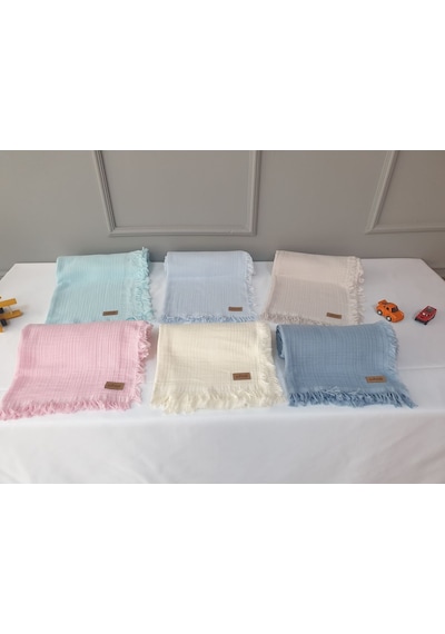 4 Katlı Müslin Bebek Battaniyesi - Püsküllü - 130x140 Cm - Bebe Mavi