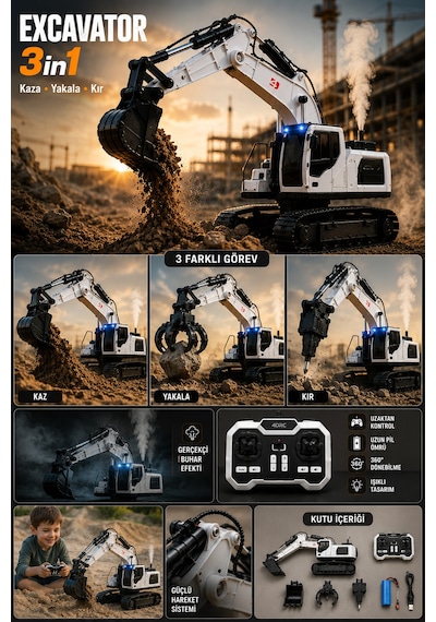3in1 Excavator Kırıcı Delici Taşıyıcı Rc Uzaktan Kumandalı Işıklı Sesli Metal Alaşım Ekskavatör İş Makinesi Beyaz