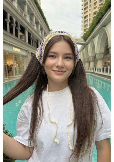 Kadın Bandana Lila Çizgili Triko Hair Band Kadın Retro Yazlık Saç Aksesuarı Lila