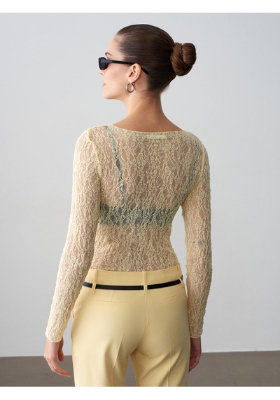 Dilvin 32764 Kayık Yaka Dantel Top-açık Sarı