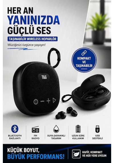 Bluetooth Kulaklıklı Taşınabilir Hoparlör 5w Usb Sd Aux Fm 1500 Mah Kablosuz Speaker Bluetooth V5.3