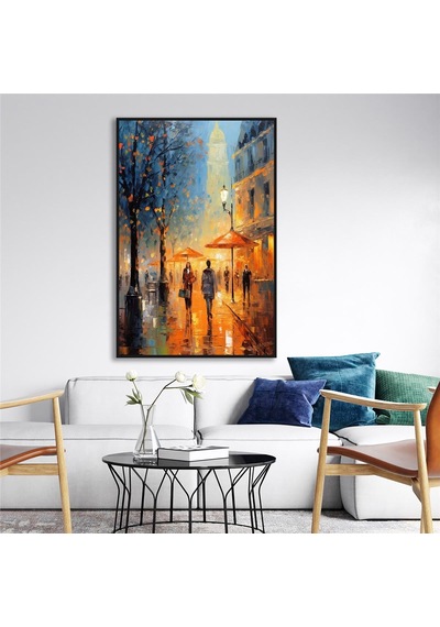 Yağlı Boya Dokulu Tablo Modern Paris Sokak Siyah Çerçeveli U09013-179124