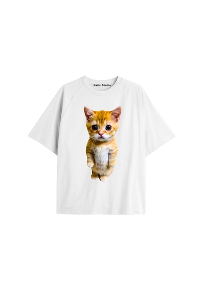 Kalic Studio El Gato Kedi Oversize Ünisex T-shirt Beyaz Metalik